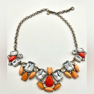 J. Crew Orange, Tangerine and Clear Faceted Rhinestone Necklace Gold Tone